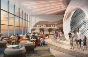 The Pearl Cafe, una nueva parada para bocadillos como sándwiches recién tostados y ensaladas preparadas, se encuentra entre The Pearl y vistas al mar desde el piso hasta el techo en el vecindario Royal Promenade, el corazón de Icon of the Seas.