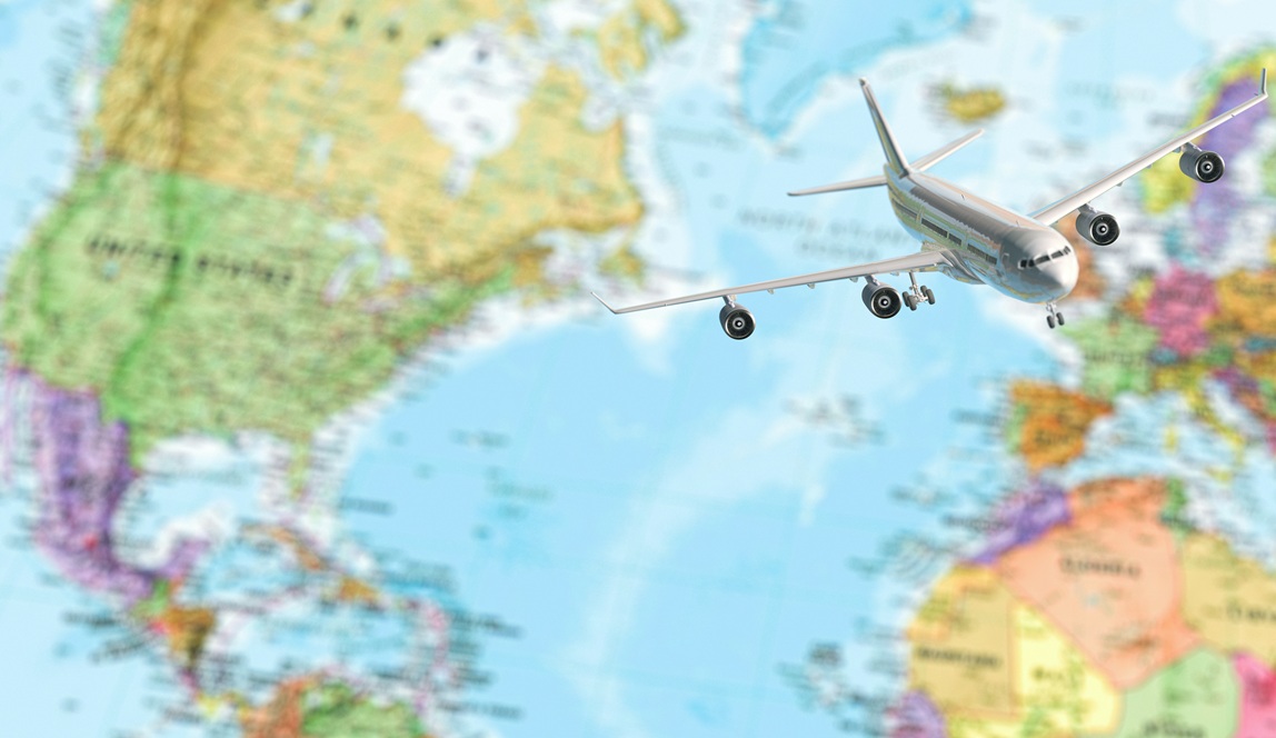 airplane on world map  background. concept of plane travel. Empty space for text - booking a flight ticket